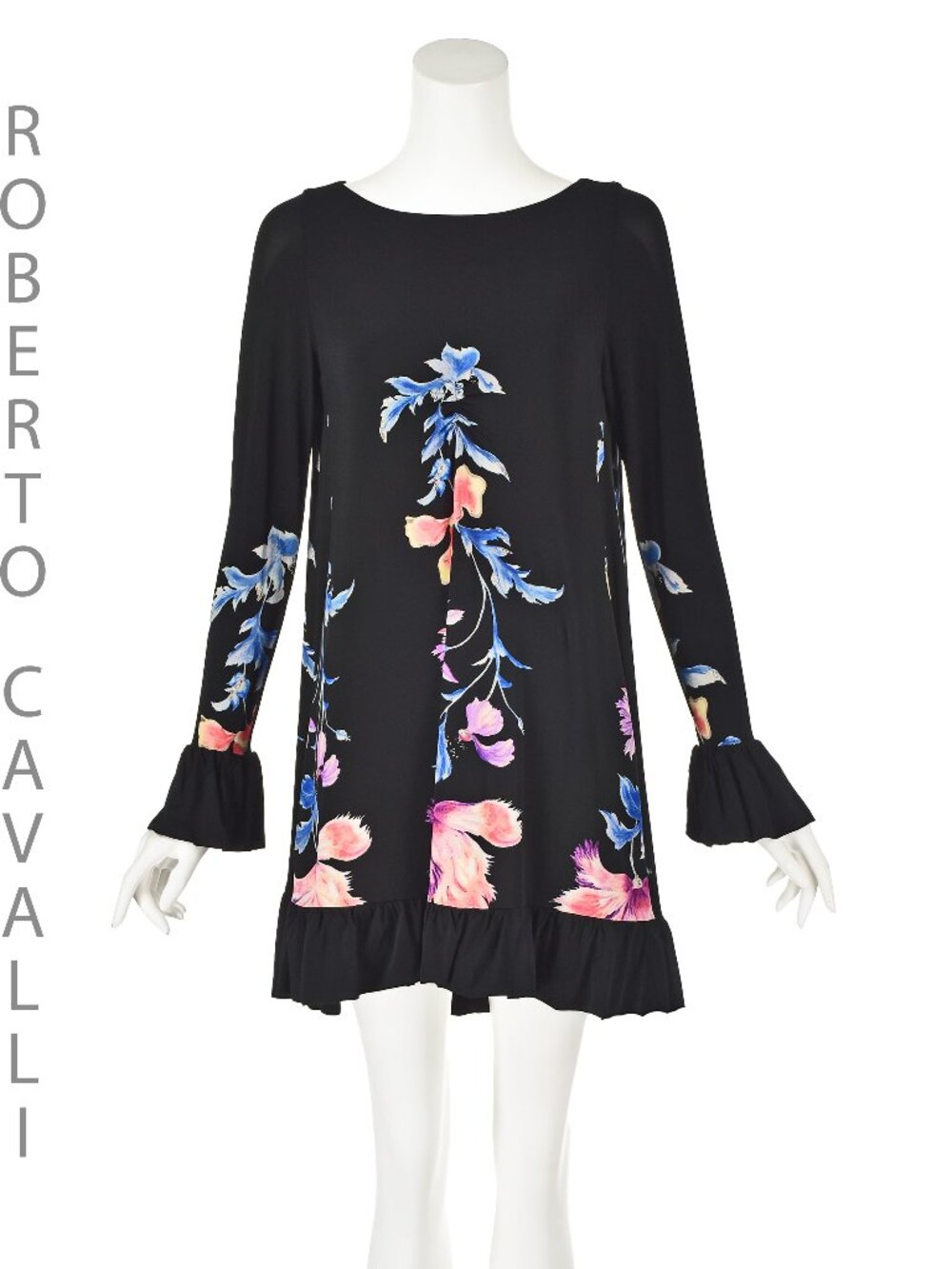 ROBERTO CAVALLI Black Knit Mini Swing Dress w/Floral Print, SZ 6/8 M